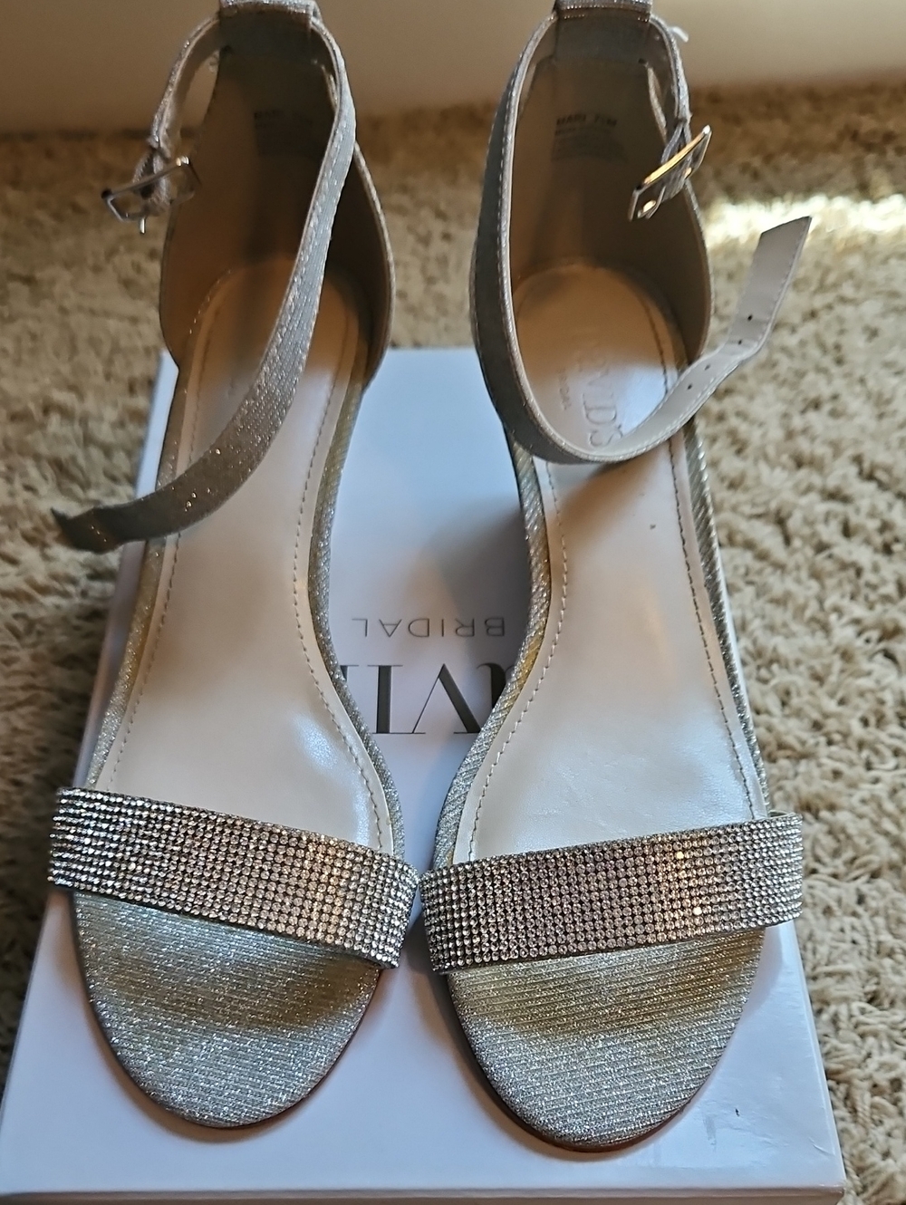 David's Bridal Silver Rhinestone Ankle-Strap Heels